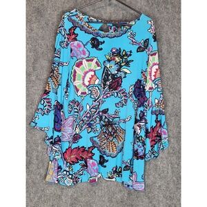 Grace Elements Woman 1X Tunic Top Floral Print Teal‎ Blue Long Sleeve Cutout